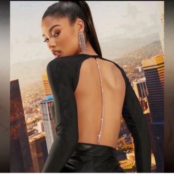 Tops - Rhinestone Open-Back Long Sleeve Bodysuit  XS